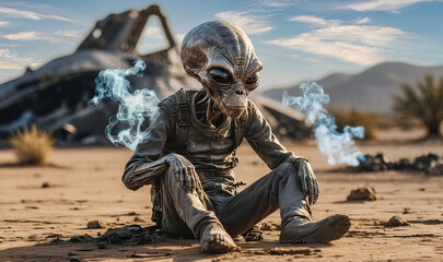 illustration of a sad alien with smokes sitting near to crashed alien space ship UFO on desert, generative AI