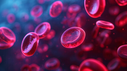 Erythrocytes in a luminous, neon representation, erythrocyte, dynamic and dramatic compositions, with copy space - obrazy, fototapety, plakaty