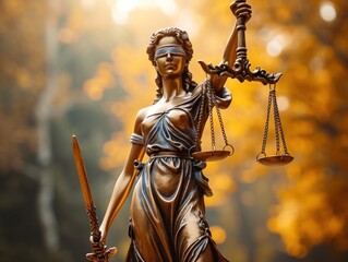 A statue of lady justice holding a scale and sword - obrazy, fototapety, plakaty