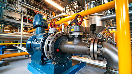 Industrial Pipe System: The intricate network of industrial pipes and valves, illustrating the complexity of energy and power plants - obrazy, fototapety, plakaty