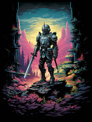Fototapeta premium T-shirt design, 16-bit pixel art, retro arcade, pixelated knight with sword, pastel colors created with Generative Ai