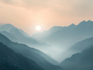 Fototapeta premium Image of a silver sunrise illuminating the misty mountains. The soft gradients and ethereal atmosphere can inspire breathtaking digital art pieces.