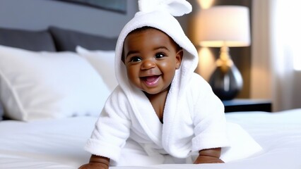 six month old happy laughing african american baby in white bathrobe on bed after bath or shower. portrait of a baby on the bed in the bedroom