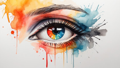 Watercolor colorful eye with painting splashes. AI generated