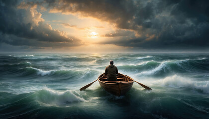 Lonely man in rowboat on stormy ocean. AI generated  - obrazy, fototapety, plakaty