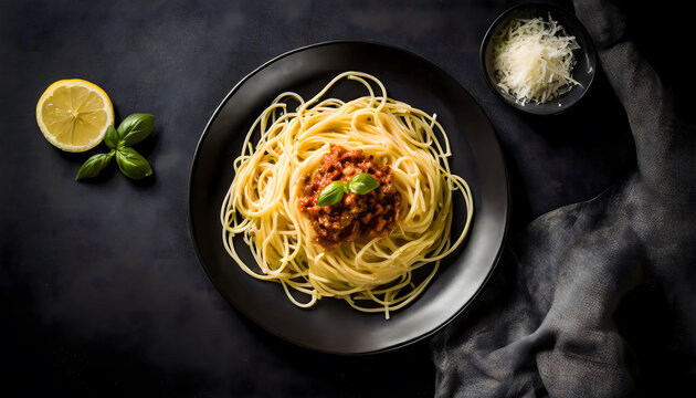 Pasta on black background, Italian spaghetti with bolognaise sauce. 