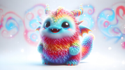 Fototapeta premium Fluffy animal, dinosaur in futuristic style, cartoon character dragon multicolour illustration. Generative AI