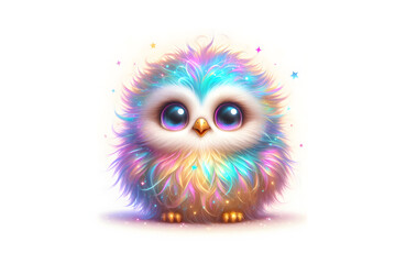 Naklejka premium Fluffy animal, owl in futuristic style, cartoon character multicolour illustration. 