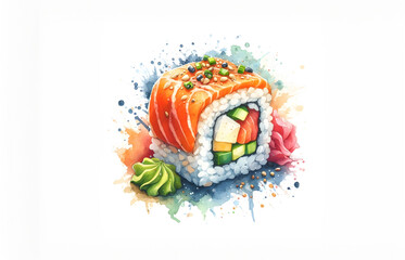 Philadelphia Japanese roll sushi with vasabi illustration in watercolor style. 