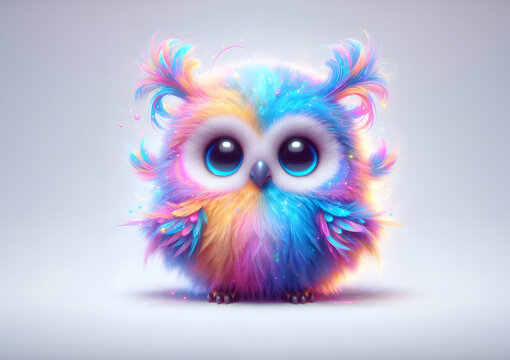 Funny animal, owl in futuristic style, cartoon character multicolour illustration.