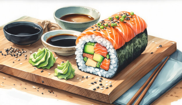 Japanese roll Philadelphia sushi and vasabi with soy sauce illustration in watercolor style. 