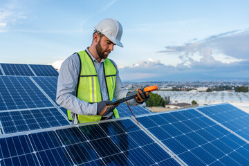 engineer technician checking output voltage level of inverter, electrician measuring power on solar...