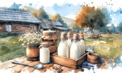 Glass of milk on the village kitchen in traditional style, watercolor painting.  - obrazy, fototapety, plakaty