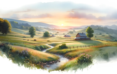 Countryside landscape watercolor painting with hills, sunny valley. Generative AI