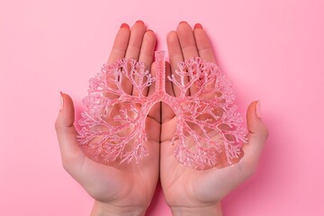Pink Fingers Holding a Pink Lung Model Generative AI - obrazy, fototapety, plakaty