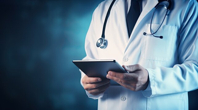 Doctor using smartphone tablet. Smart modern technology in medicine and healthcare concept on blue background