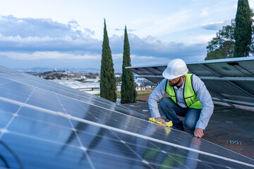 person engineer cleaning the dust dust from a solar panel; technician giving maintenance to a...