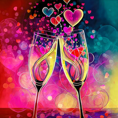 Flutes de champagne avec coeurs colorés, Saint Valentin, mariage, sentiment d'amour et de romantisme