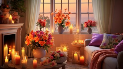 Fototapeta na wymiar A cozy living room adorned with flickering candles and vases of vibrant flowers, enhancing the space with warmth and color - Generative AI