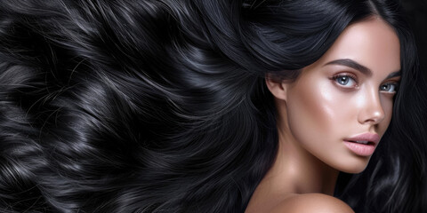 Banner for a hair salon featuring glossy, wavy, beautiful black hair on a young woman with long, healthy hair.