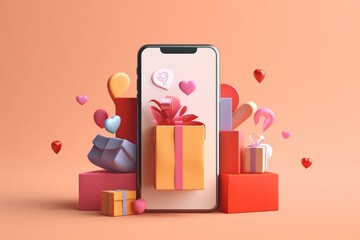 Mobile app banner featuring online purchasing in a delivery service ecommerce loyalty program; white smartphone displays colorful gift bags on a beige background. Generative AI