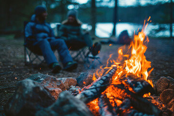 Closeup Portrait of 2 friends sitting at a warm campfire,