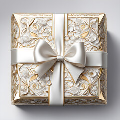 Present Gift Product Box from Top with white Ribbon and Gold Ornament floral Pattern Product Display advertisement, Beautiful feminin lifestyle rich quality expensiv for Christmas, Birthday, Holiday .