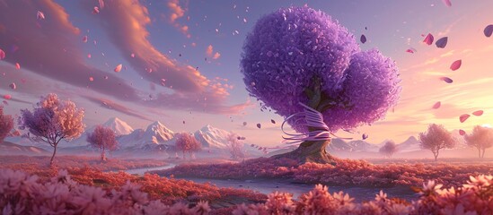A heart-shaped tree with purple flowers and pink ribbon Generative AI