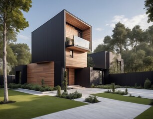 Fototapeta na wymiar Modern luxury minimalist cubic house, villa with wooden cladding and black panel walls and landscaping design front yard. Residential architecture exterior. 