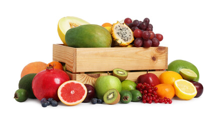 Many different fresh fruits and wooden crate isolated on white