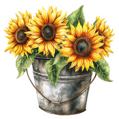 Sunflowers in an iron bucket hand drawn watercolor collection in vintage rustic style, png
