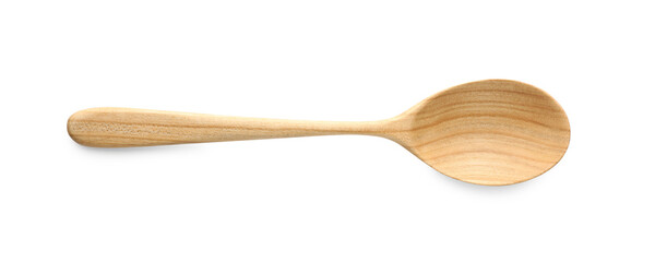 One empty wooden spoon isolated on white, top view