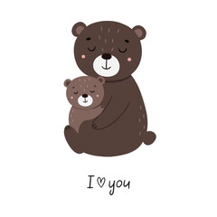 Cute cartoon bears hugging. Hand drawn children's poster. Animals mother and baby. Vector illustration in flat style