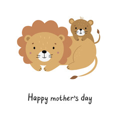 Cute cartoon lions. Hand drawn children's poster. Animals mother and baby. Vector illustration in flat style