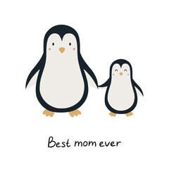Cute cartoon penguins. Hand drawn children's poster. Animals mother and baby. Vector illustration in flat style
