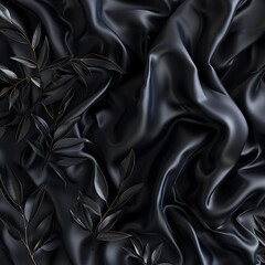 a black silk fabric with leaves, in the style of photorealistic art, futuristic organic, large canvas format, undulating lines 