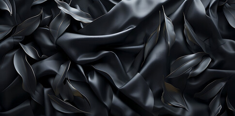 a black silk fabric with leaves, in the style of photorealistic art, futuristic organic, large canvas format, undulating lines 