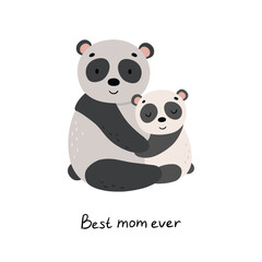 Cute cartoon pandas are hugging. Hand drawn children's poster. Animals mother and baby. Vector illustration in flat style