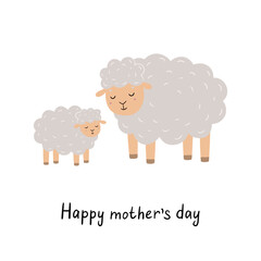 Cute cartoon sheep. Hand drawn children's poster. Animals mother and baby. Vector illustration in flat style