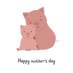 Cute cartoon pigs hugging. Hand drawn children's poster. Animals mother and baby. Vector illustration in flat style