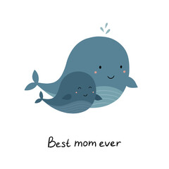 Cartoon whale mom and baby. Cute animals are swimming. Hand drawn children's poster. Vector illustration