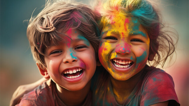 Children at Holi festival of colors, laughing children wearing colorful holi colors