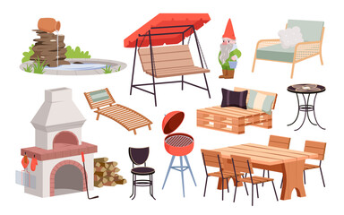 Garden furniture and barbecue equipment set vector illustration. Cartoon isolated outdoor loft wooden chair and hanging couch swing with cushion and canopy, gnome and fireplace, terrace table - obrazy, fototapety, plakaty