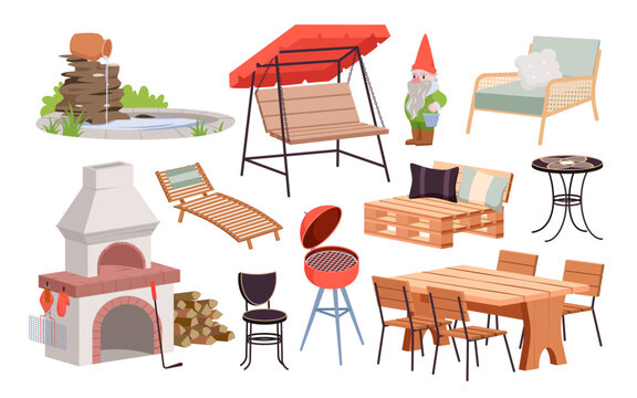 Garden furniture and barbecue equipment set vector illustration. Cartoon isolated outdoor loft wooden chair and hanging couch swing with cushion and canopy, gnome and fireplace, terrace table