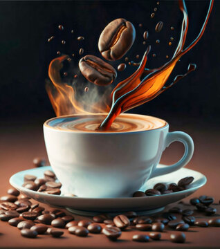 cup of coffie with cinnamon and star anise on wooden background