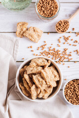 Alternative protein dry soy meat in a bowl on the table top and vertical view