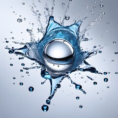 Dynamic Splash Water Drop Sphere with Reflection like Explosion for Product Display in clean Blue White Style with Studio Background, Centered cool smooth modern Beauty with round Bubbles Drips float