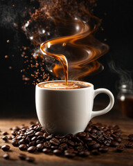 cup of coffie with cinnamon and star anise on wooden background