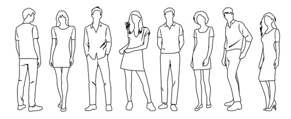 Vector silhouettes of  men and a women, a group of standing  business people,  linear sketch, black and white color isolated on white background