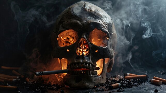 A close-up of a skull with a lit cigarette in its mouth Generative AI